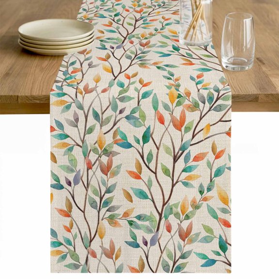 Teal Orange Eucalyptus Table Runner - 120 Inch Long Spring Botanical Leaves Cotton and Linen Blended Dress Scarves Farmhouse Table Runner for Kitchen Dining, Coffee Table, 13" x 120"