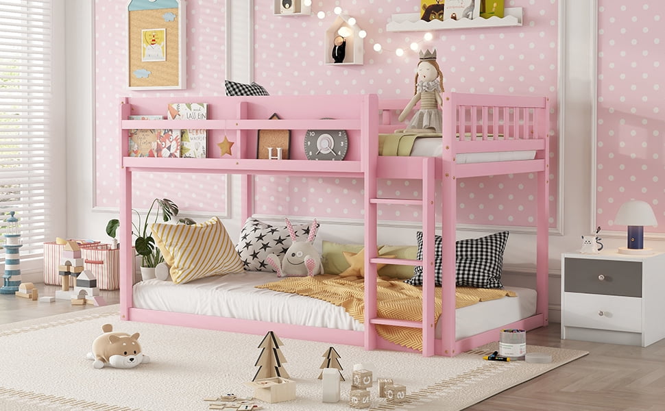 HOQBN Bunk Bed Twin Over Twin,Solid Wood Low Floor Bunk Bed with Ladder,Pink
