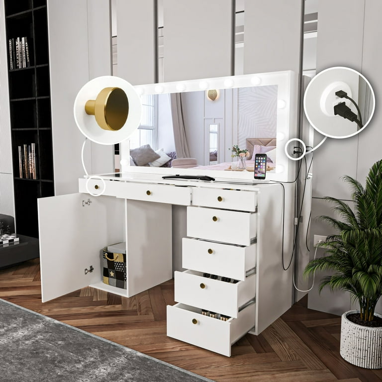 Ember Interiors Big Dressing Table with Large Mirror, Built-In Lights 8  Drawers, Golden Knobs, White - Walmart.com