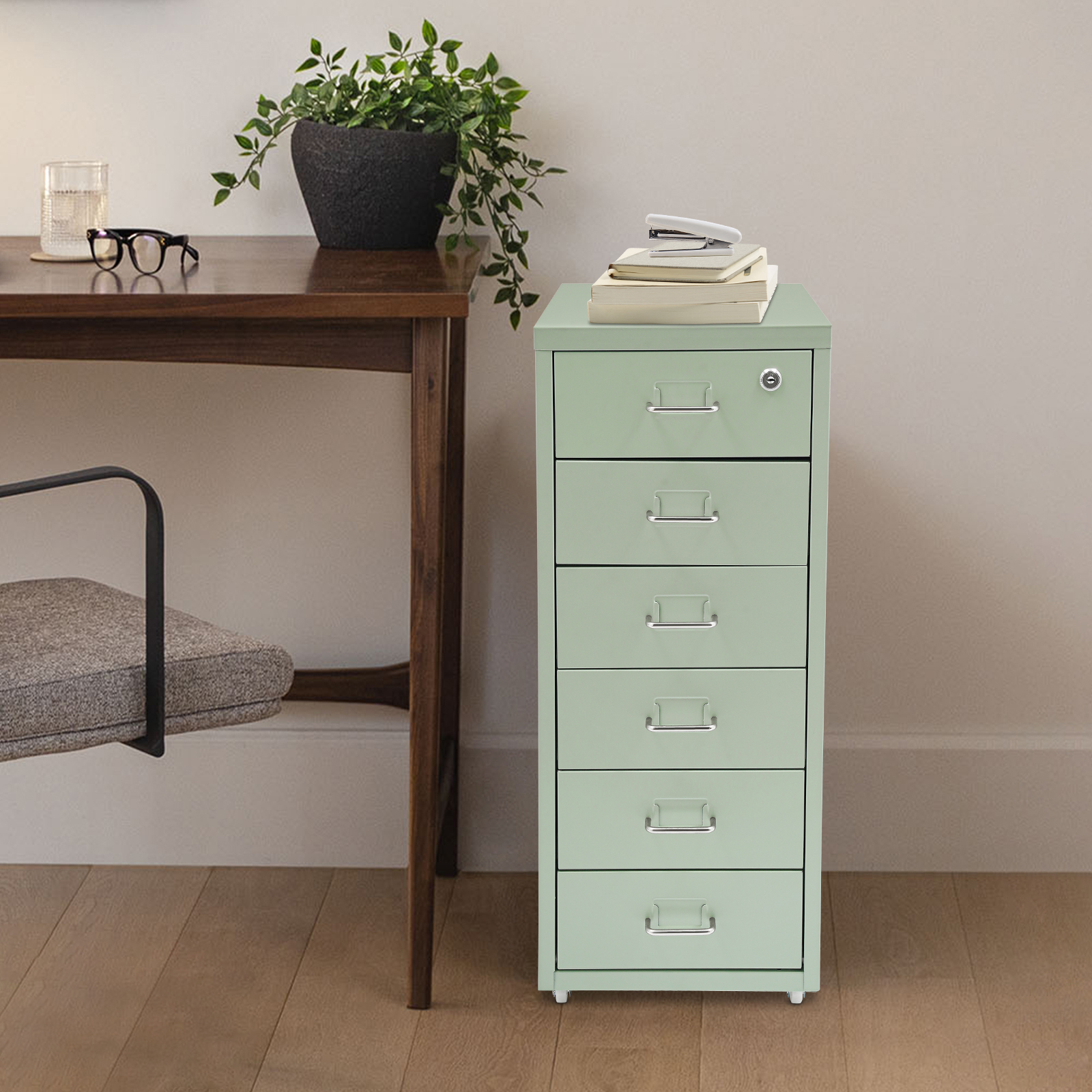 Green Drawer File Cabinet with Lock 6-Drawers Filing Chest Metal Vertical File Cabinet Organizers Movable Under Desk Storage Cabinets for Home Office-11*16*27in, Load 22lbs/ Each Tier, Rectangular
