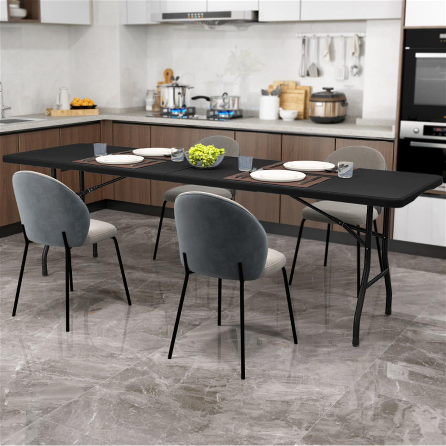 Demi Bonn 8 ft Portable Folding Table 350S Fold-in-Half Table with HDPE Tabletop fordoor Outdoor, Plastic Dining Picnic Party Camping Table, Black