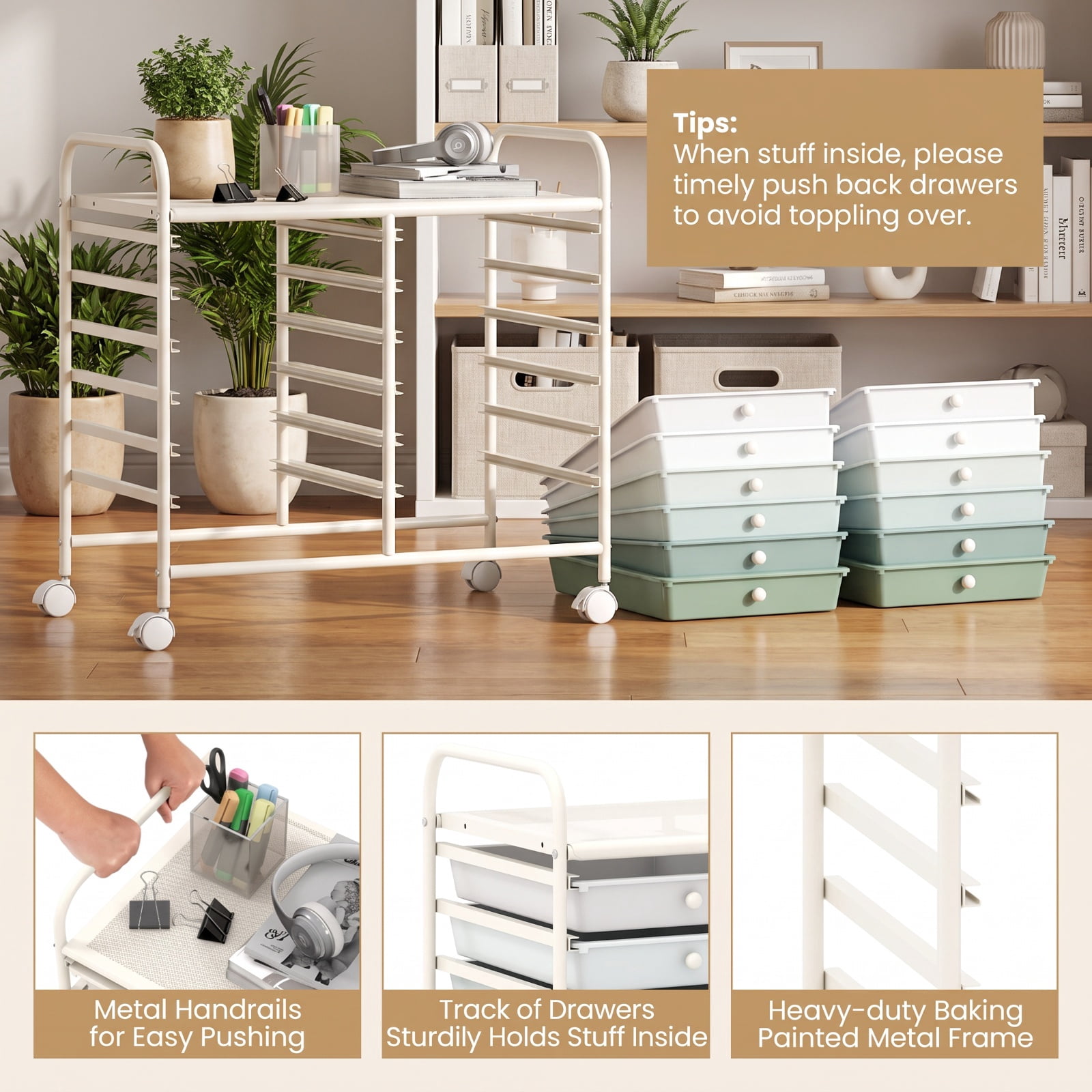 Furnibear 12 Drawers Rolling Storage Cart for Home and Office-Green Gradient for Home Office Filing Document Letter Legal Storage, Gray