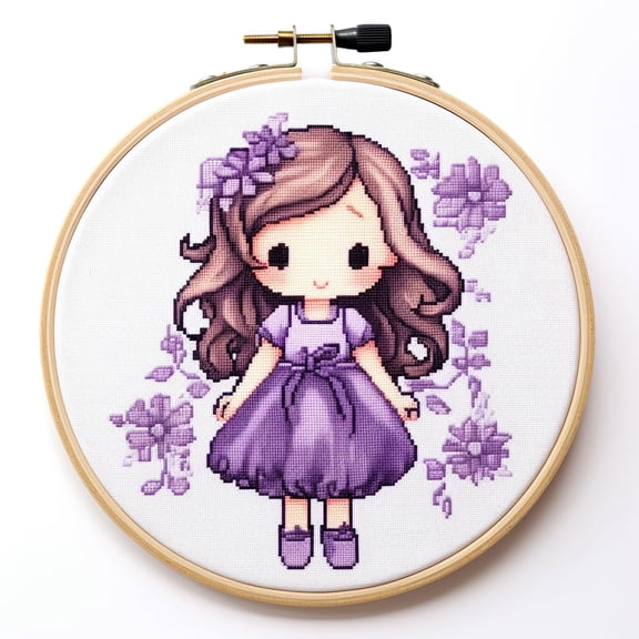 Cartoon Simple Figure of Purple Little Girl 11CT Stamped Cross Stitch Kits Easy for Beginners Child with Hoop Needlepoint Counted Embroidery Kits Art Craft Wall Decor 12x12IN(3)