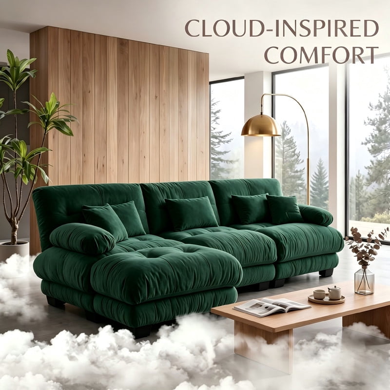 ANPPORT Cloud Couch Sleeper Sofa, Chenille Green 3-Seater Modular Sofa with 1 Ottomans, 3 Lumbar pillows, 2 Pillows, Comfy Deep Seat Cloud Sofa, Convertible L-Shaped Floor Couch for Living Room