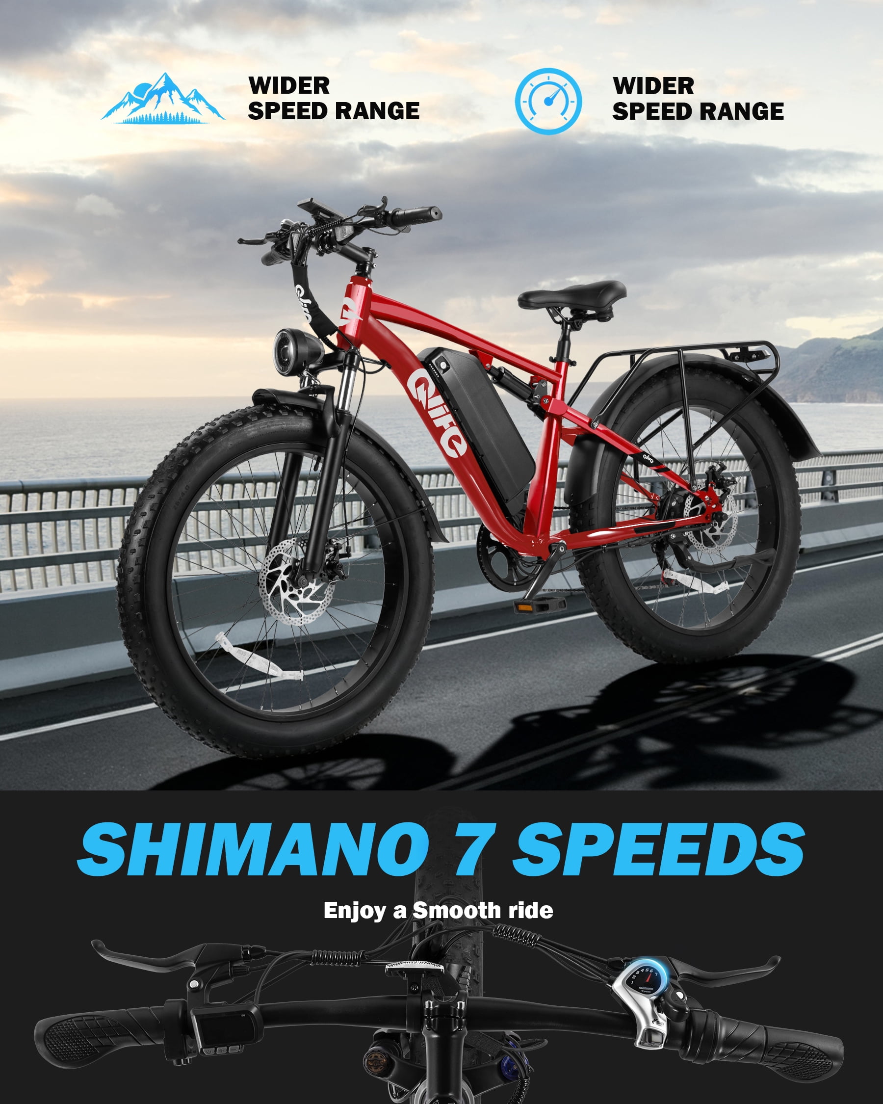 Qlife Racer Plus Electric Bike for Adults Peak 1500W Motor Up to 36MPH, 4.0 Fat Tire Mountain Bicycle with 48V 15.6AH 7 Speed Full Suspension Ebike(Red)