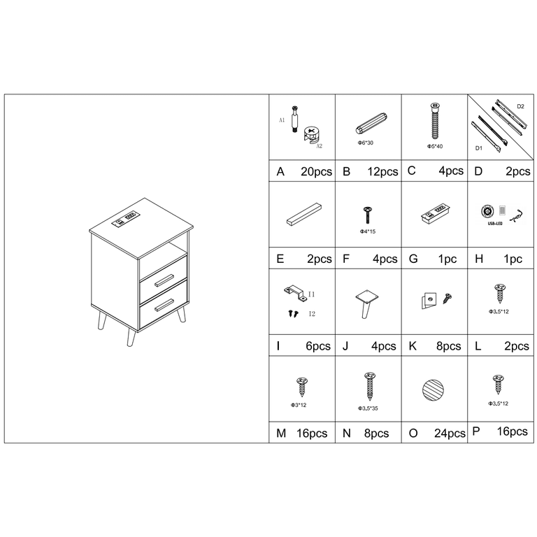 UHOMEPRO LED Nightstand with Charging, 2 Drawers Black photo 8