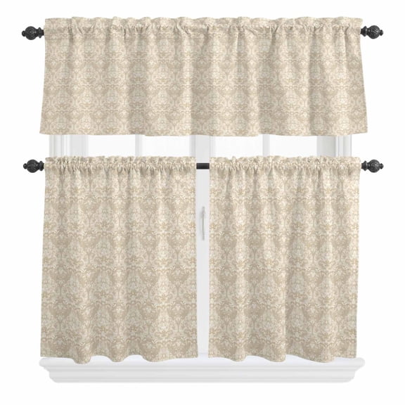3 Piece Kitchen Curtains and Valances Set Beige Baroque Cafe Curtains 36 Inch Length Retro Farmhouse Abstract Scroll Floral Valance & Tier Curtain for Living Room Bedroom Window 54"x18" 27"x36"*2