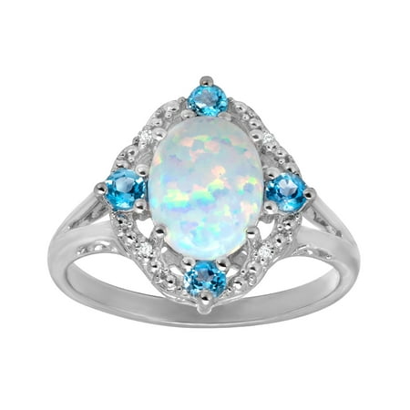 1 1/6 ct Created Opal and Natural Swiss Blue Topaz Ring with Diamonds in Sterling Silver