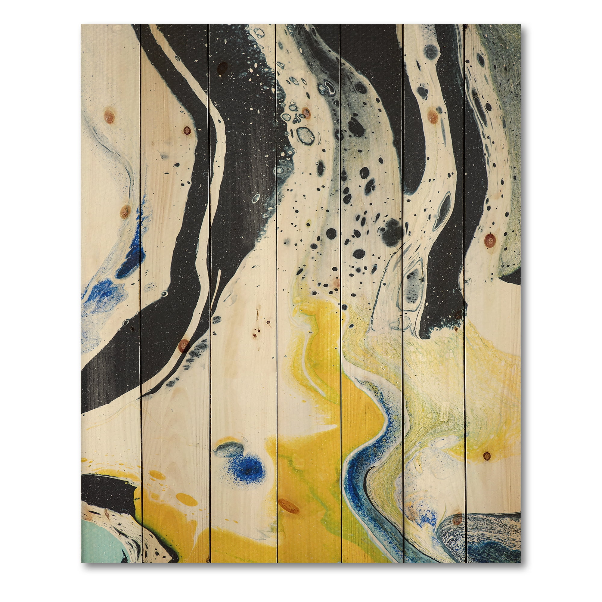 Designart 'Abstract Marble Composition In Blue and Yellow IV' Modern Print on Natural Pine Wood