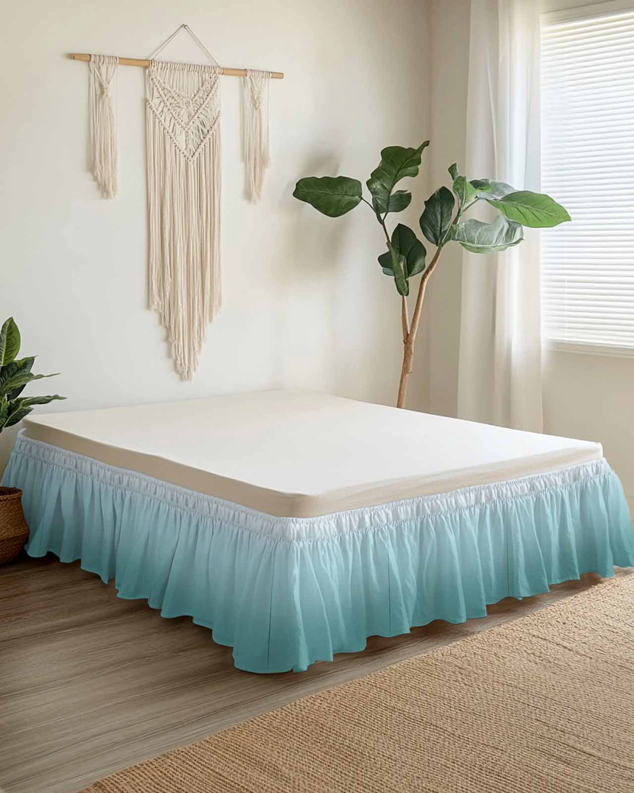 Turquoise Green Bed Skirt King Size 16" Drop Gradient Color Ruffled Wrap Around Bed Skirts Adjustable Elastic Bedskirt Dust Ruffle for King Size Bed
