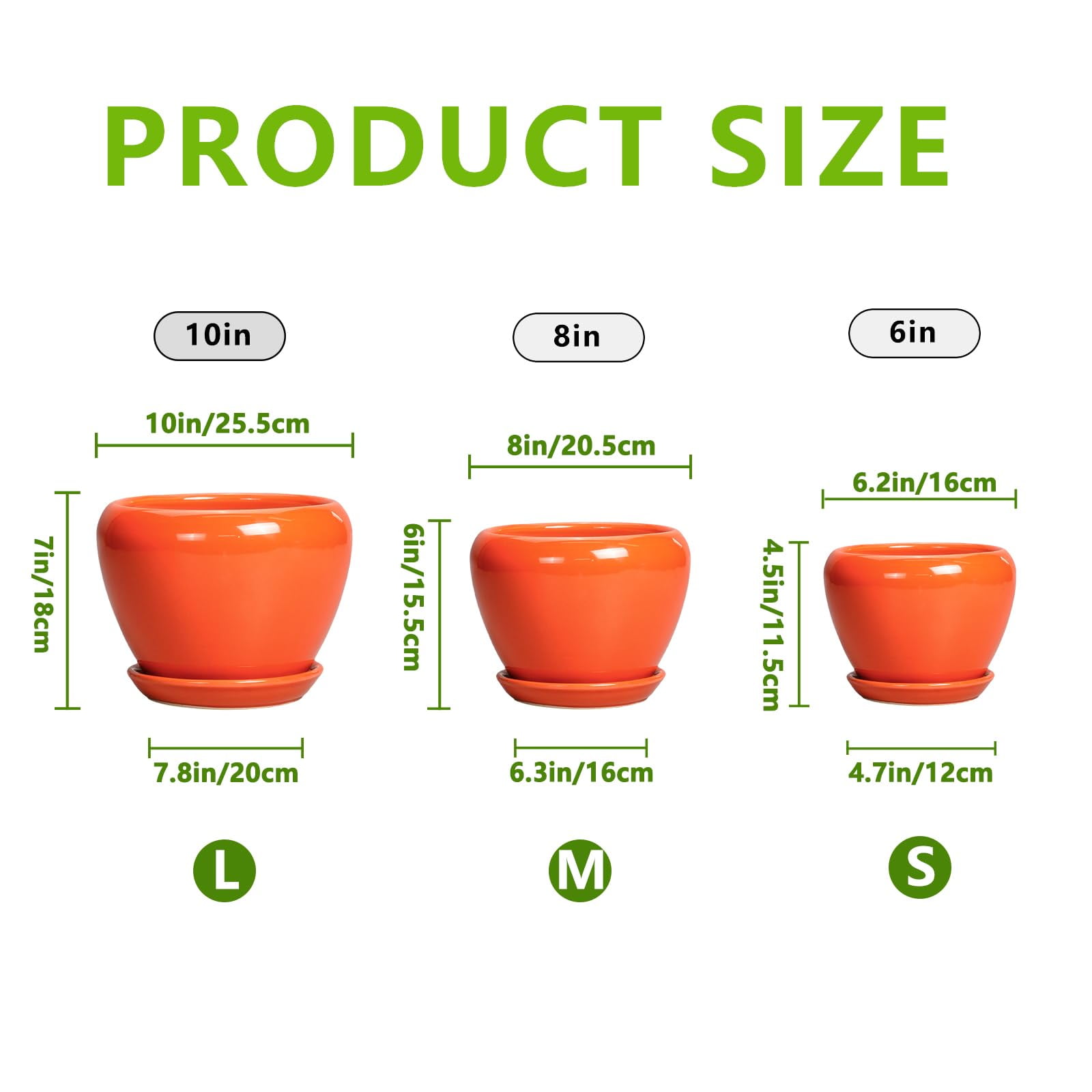 Ceramic Planter Pots Set of 3 with Drainage Hole & Saucer,10/8/6 inch Round Pots for Indoor Plants Flowers & Houseplants Patio & Outdoor Use Orange