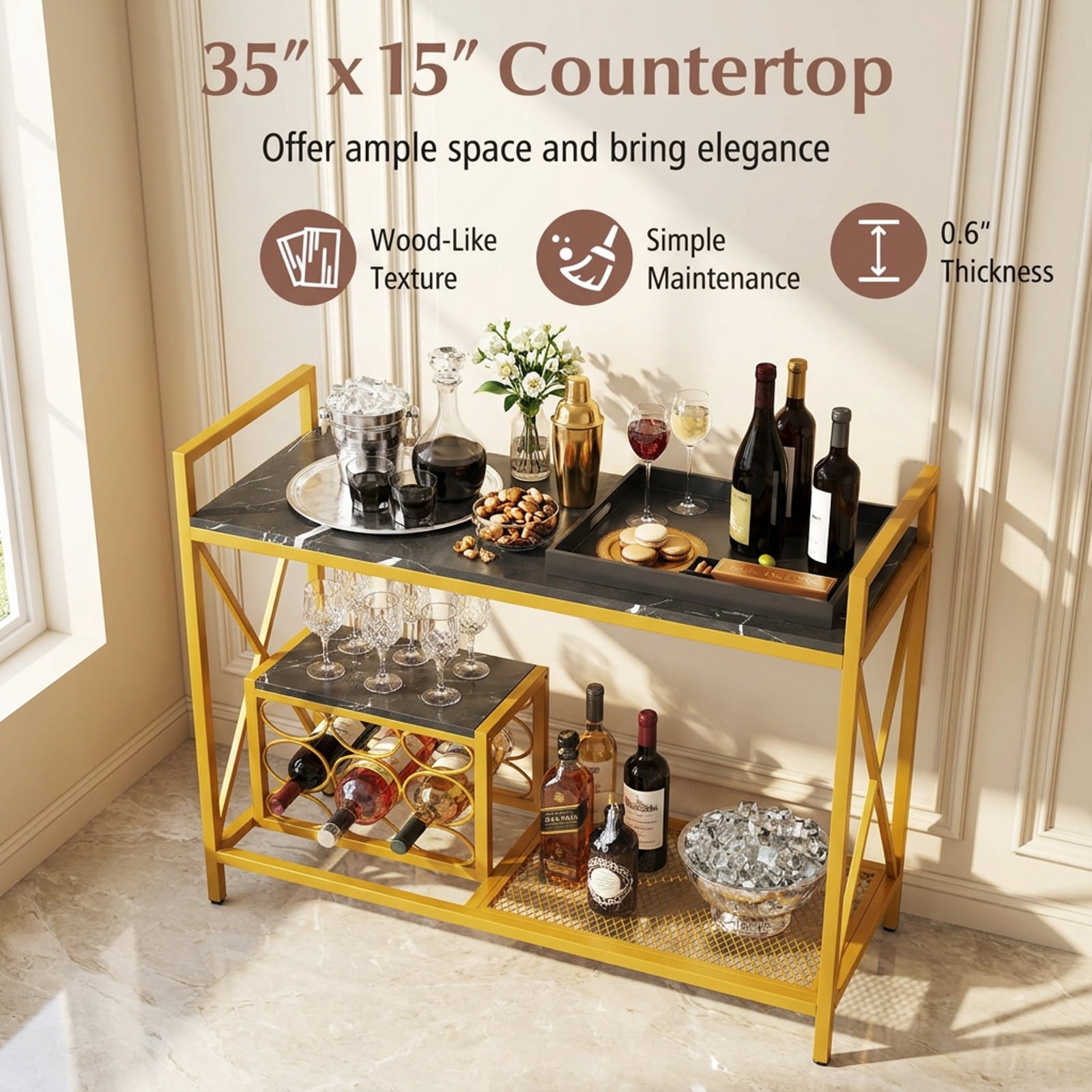 RUIE 21 Bottle Freestanding Wine Rack, Floor Wine Bottle Organizer with Glass Holder, Metal Wood Storage Shelf for Kitchen Dining Room - Black Golden