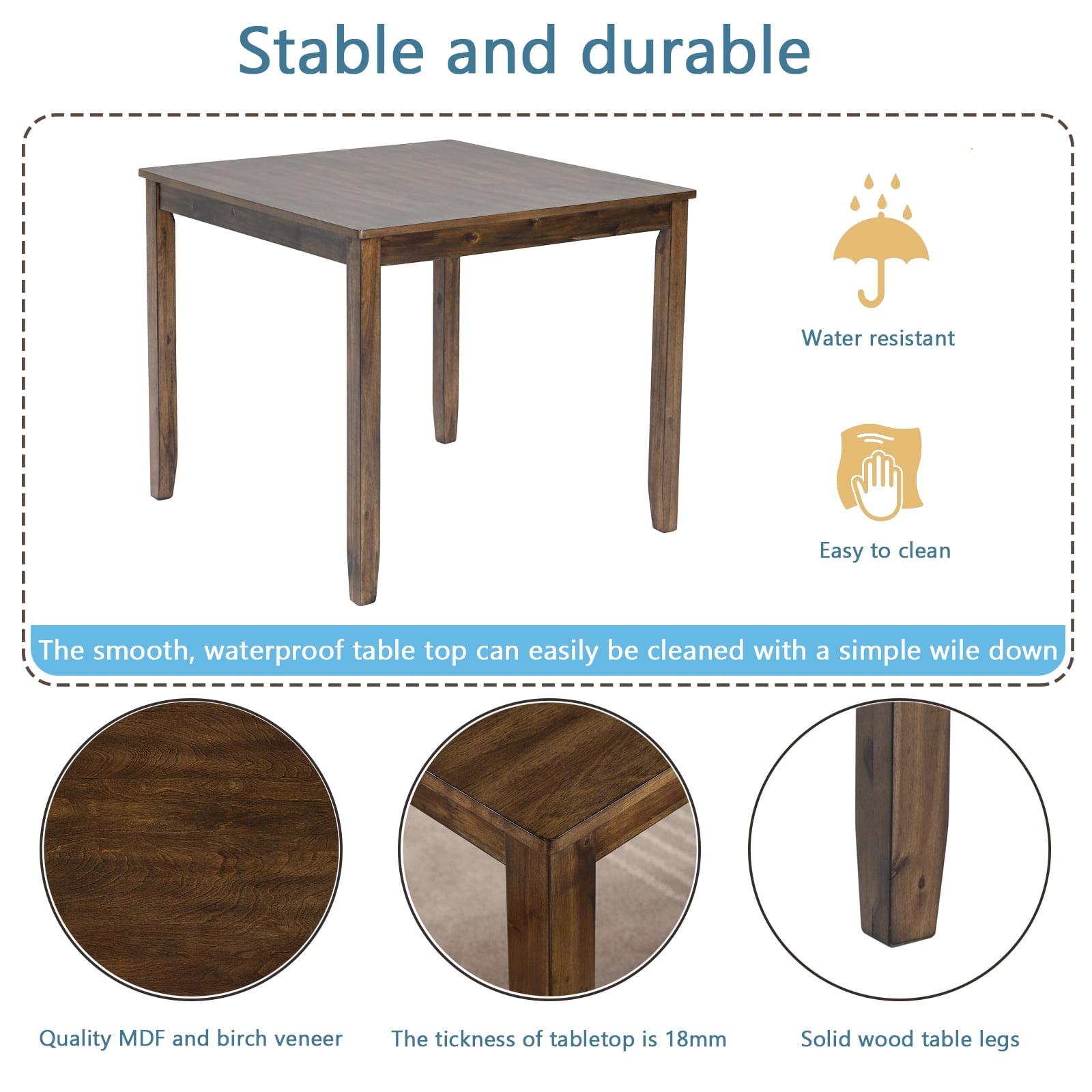 HOQBN Wooden Square Dining Table,34.5" Kitchen Table for 4 People,Farmhouse Kitchen Table for Kitchen & Living Room,