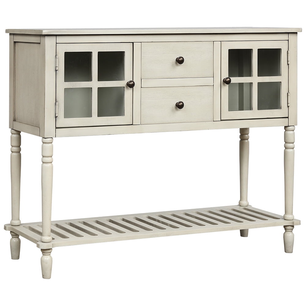 Lowestbest Sideboard Console Table, Farmhouse Wood Storage Cabinet with Glass Bottom Shelf, Entryway Accent Sofa Table for Living Room