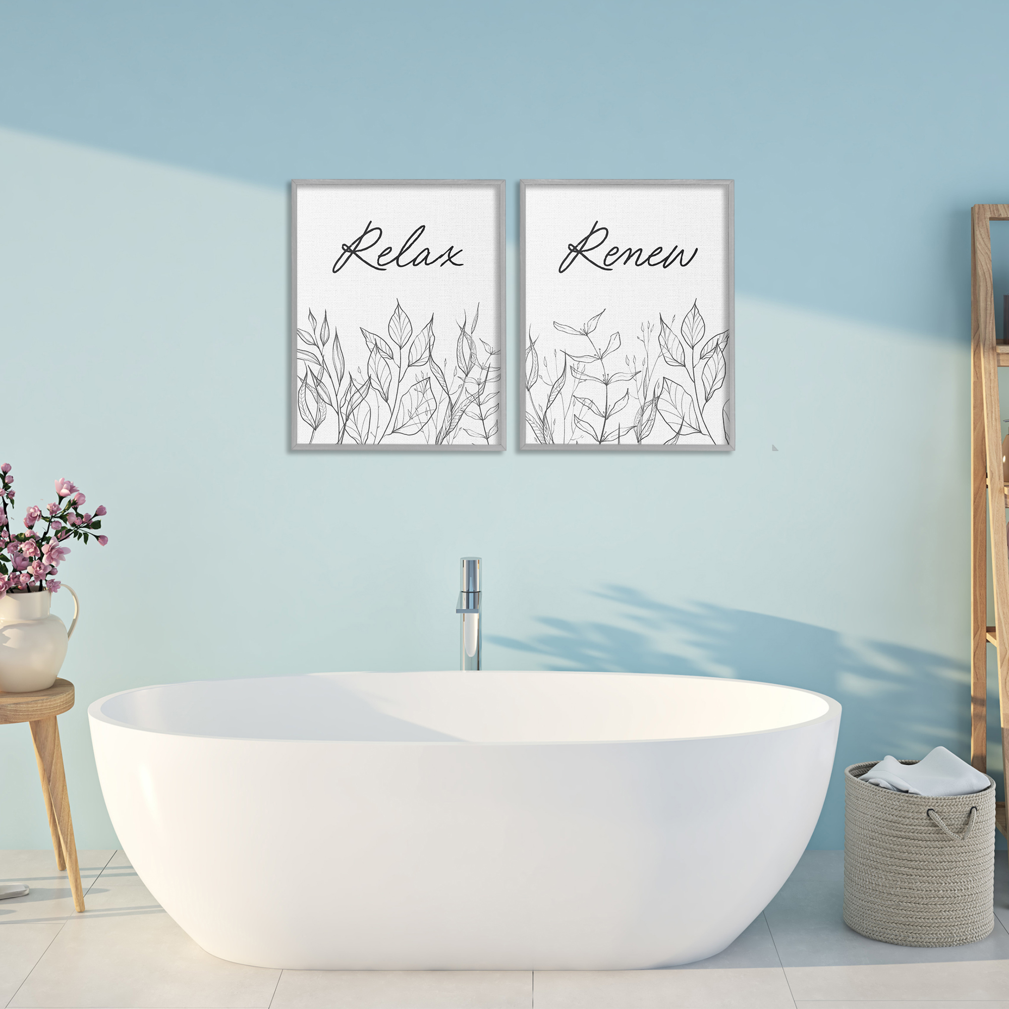 Relax and Renew Leaf Outlines 2 Piece Gray Framed Giclee Art Set, design by Lettered and Lined