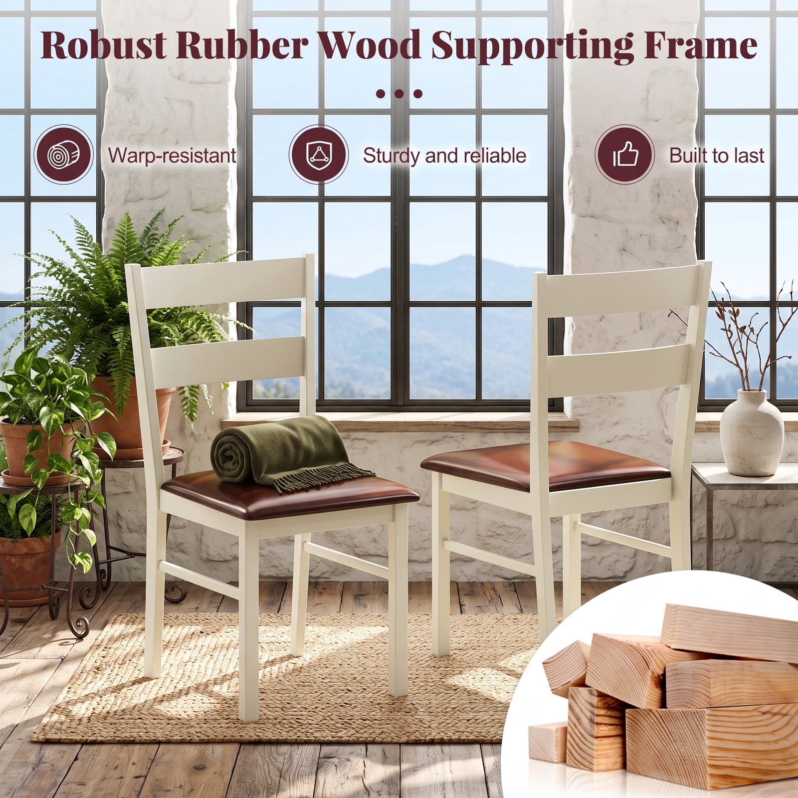 Furnibear Wooden Dining Chair Set of 2, PU Leather Upholstered Kitchen Side Chairs with Rubber Wood Frame and Curved Backrest for Dining Room Restaurant Cafe, White