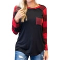 thumbnail image 4 of ZXSXSY Women Red Black Plaid Spliced Long Sleeves Pocket Front Round Neck Top, 4 of 6