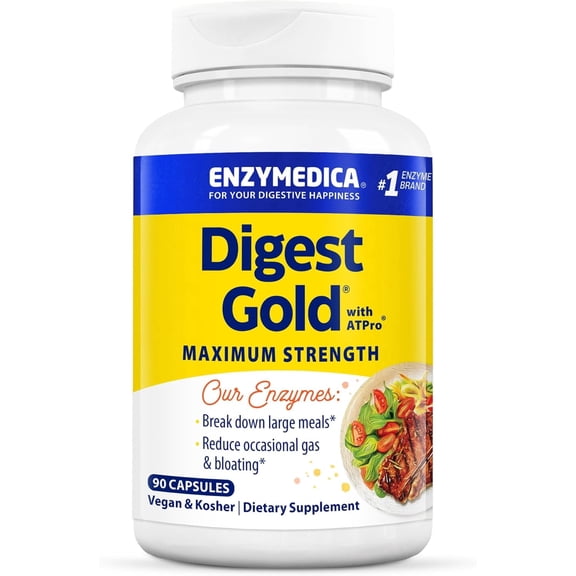 Enzymedica Digest Gold ATPro, Maximum Strength Enzyme Formula, Fast-Acting, Helps Digest Large Meals, Prevents Bloating and Gas, 90 Capsules