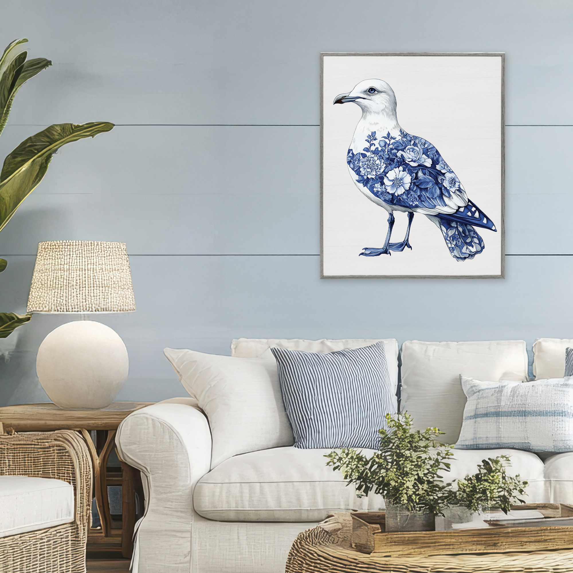 Funky Toile Seagull Gray Framed Giclee Art, design by Lettered and Lined