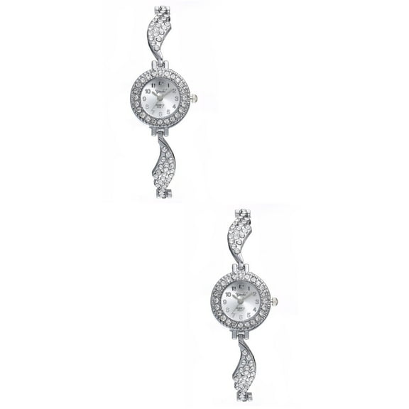WORGEOUS 2 pcs  Woman Bangle Watch Rhinestone Wing Bracelet Woman Quartz Watch (Silver)