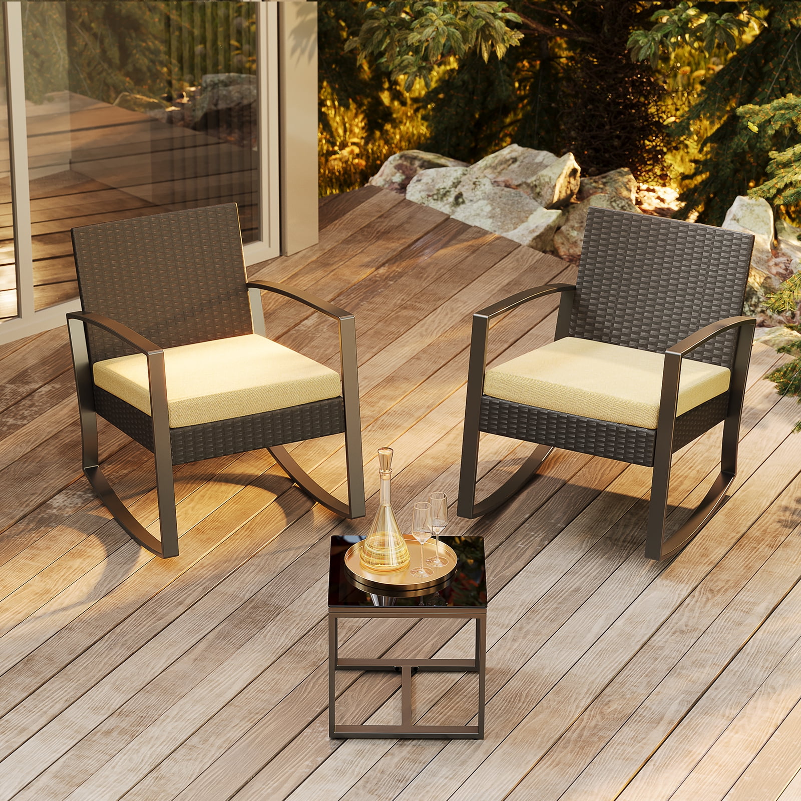 Lofka 3-Piece Outdoor Rocking Chairs, Patio Furniture Set with Thickened Cushions and Coffee Table for Garden, Balcony,  Camping, Beige