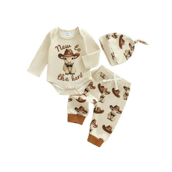 BemeyourBBs 3Pcs Newborn Baby Boy New To the Herd Outfits Long Sleeve Romper Pants and Hat Set Going Home Clothes