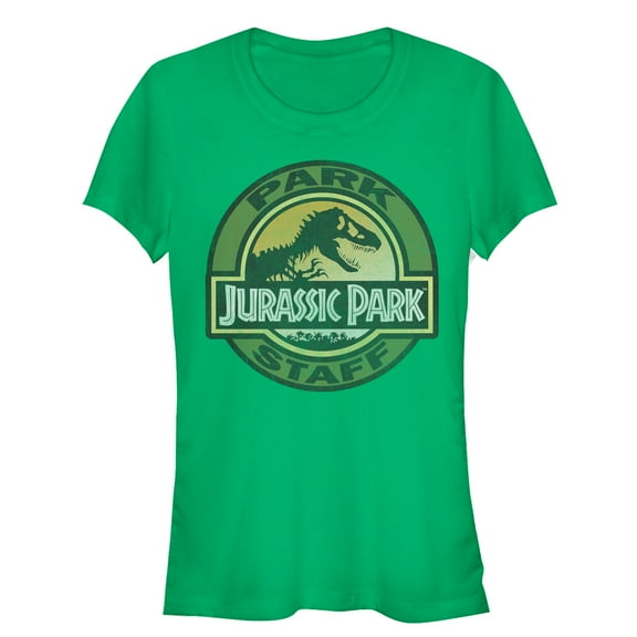 Junior's Jurassic Park The Park Staff Badge, With T-Rex  Graphic Tee Kelly Green Large