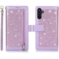 thumbnail image 6 of Wallet Case for Samsung Galaxy A14 5G, Bling Glitter Sparkly PU Leather Kickstand Flip Folio Wallet Purse Magnetic Handbag Zipper Pocket Phone Case with 9 Card Slots and Wrist Strap - Purple, 6 of 13