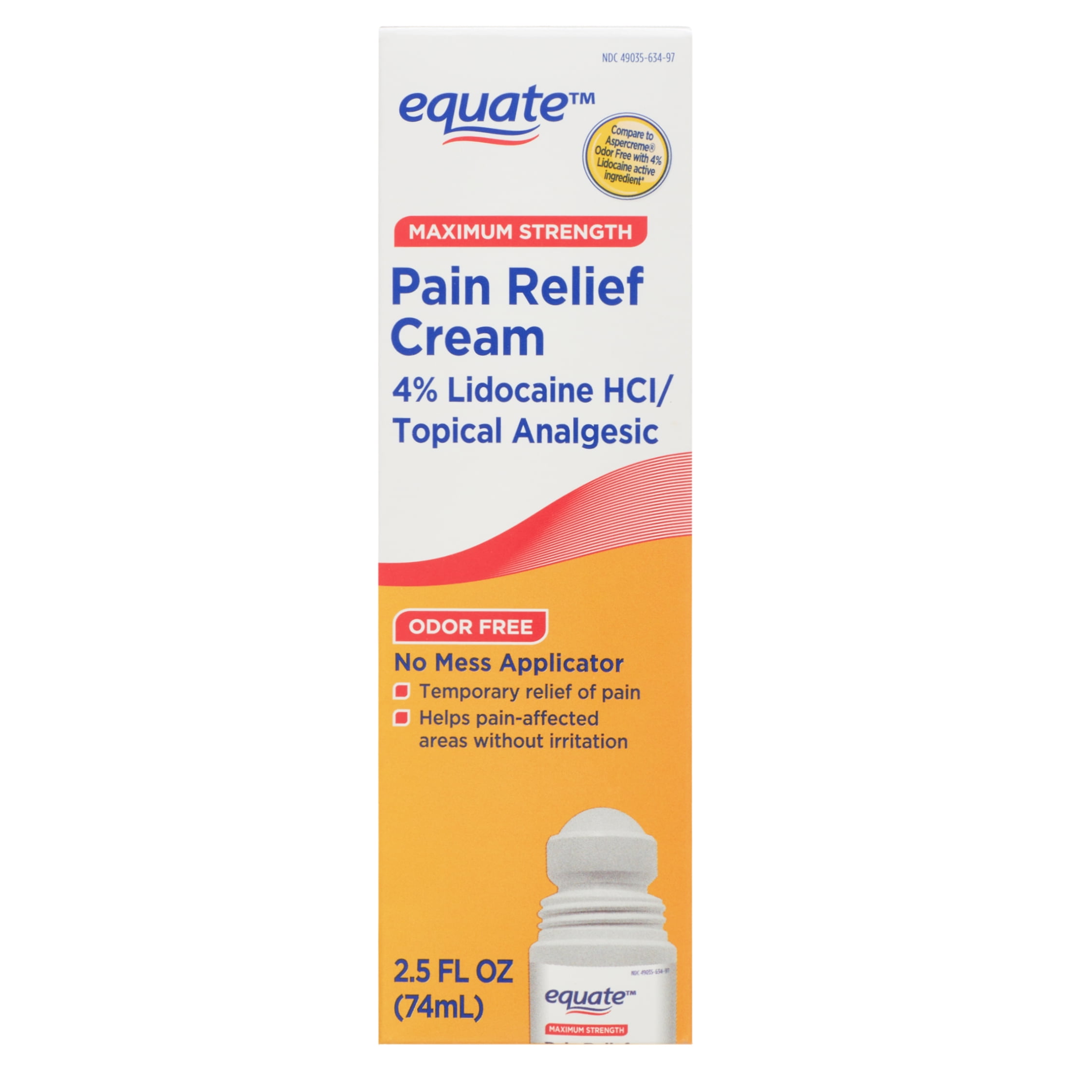 Equate Max Strength Lidocaine Pain Relief Cream for Body Aches, 2.5 fl. oz.