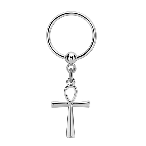 iJewelry2 Stainless Steel Dangling Egyptian Ankh Cross Beaded Ring Piercing 12mm