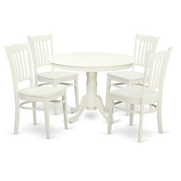 Dining Set - One Round Kitchen Table & 4 Chairs with Solid Wood Seat, Linen White - 5 Piece - 42 in.