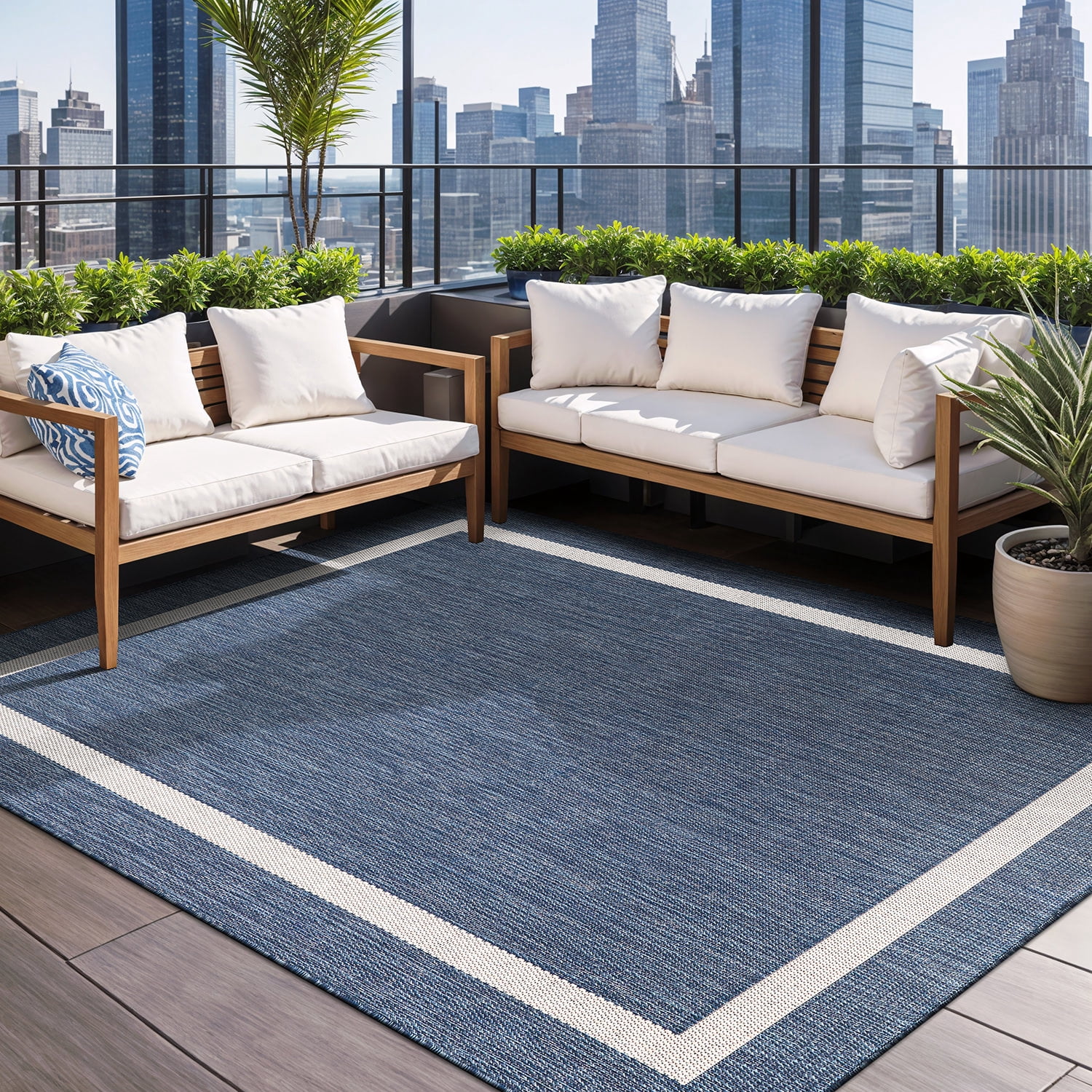 Beverly Rug Indoor/Outdoor Area Rugs, Bordered Patio Porch Garden Carpet, Blue and White, 8'x10'