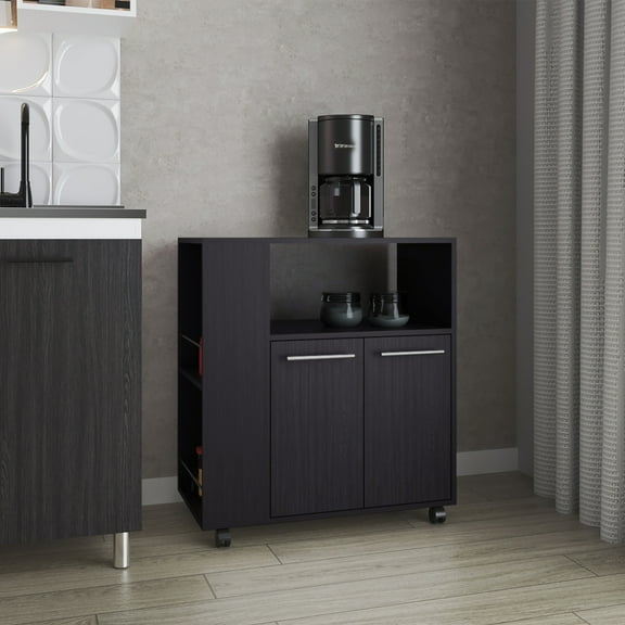 Linden Kitchen Cart with Microwave Shelf, Open Storage, and Two-Door Cabinet Wenge