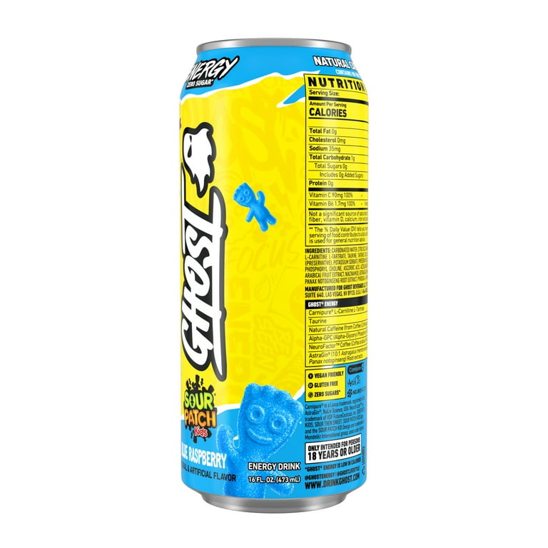 what energy drink has the most l carnitine Ghost Zero Sugar Sour Patch Kids Blue Raspberry Energy Drink, 200mg Natural  Caffeine, 16 fl oz, Can