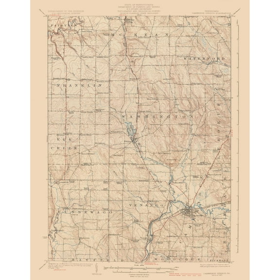 Topographical Map - Cambridge Springs Pennsylvania Quad - USGS 1925 - Vintage Wall Art