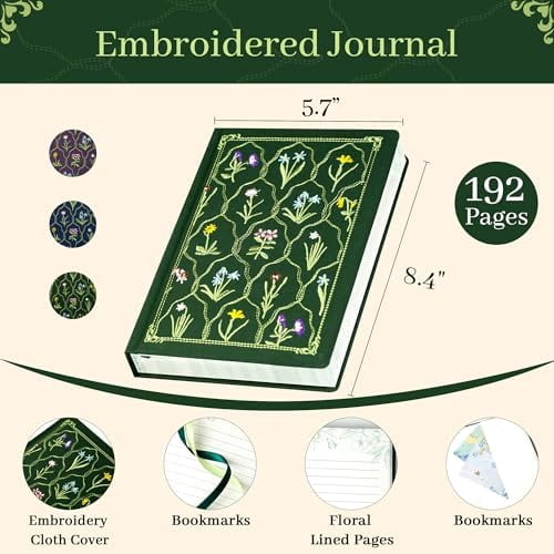 YNGLLC Embroidered Lined Journal Notebook for Women A5 Floral Journals for Writing Aesthetic Journaling Notebooks for Gift Diary Sketching Note Taking, Cloth Cover, Gift Box, 5.7"x8.3", Green