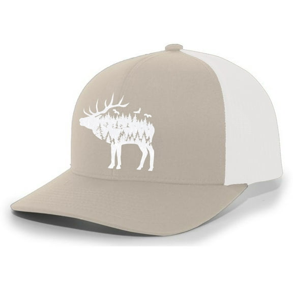 Heritage Pride Mens Deer Hat Embroidered Deer Mountain Forest Tamarack Mens Mesh Back Trucker Hat Baseball Cap-Khaki/White