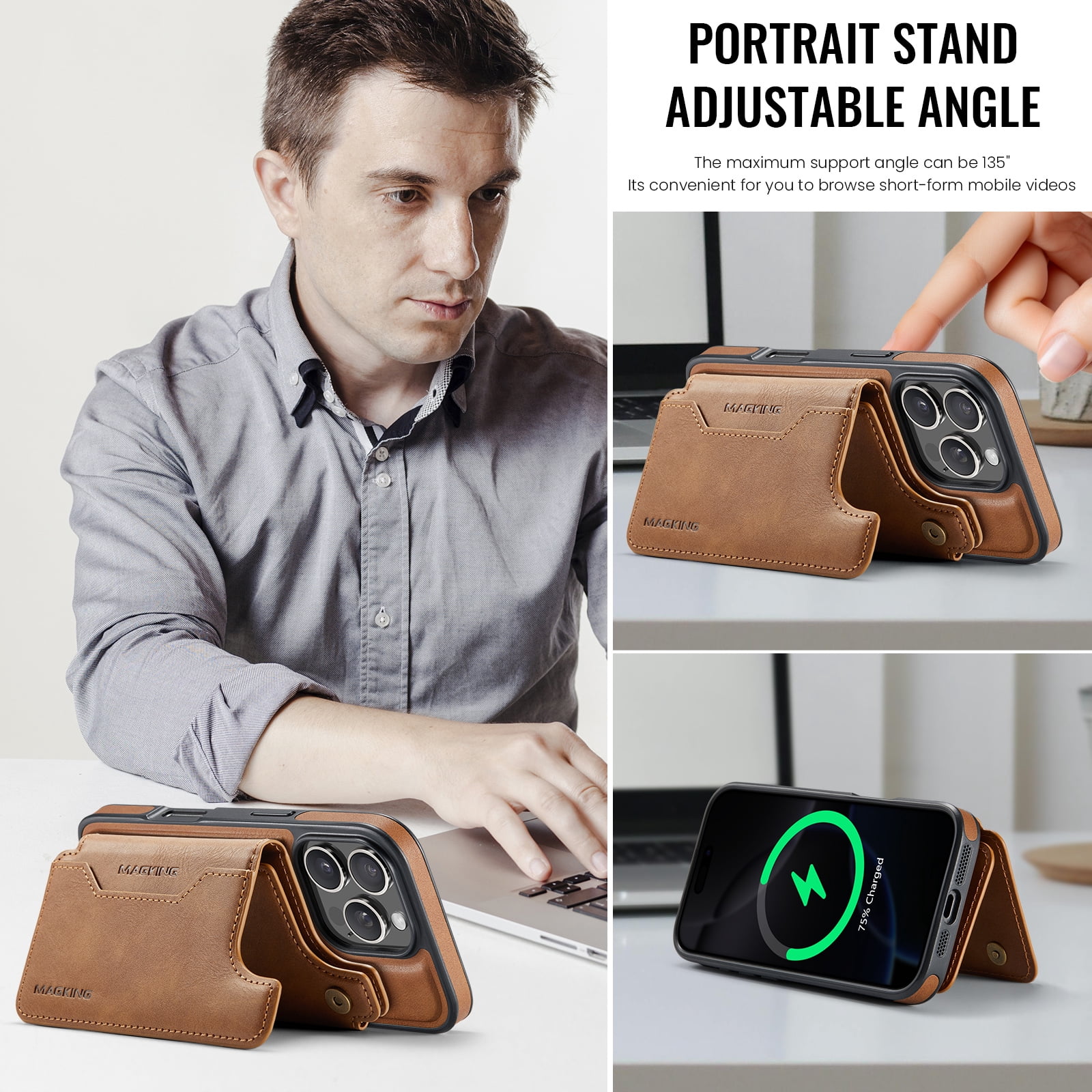 Designed for iPhone 16 Pro Max Wallet Phone Case,Magnetic Detachable Flip Card Holder,Back Flip Kickstand,Compatible with Mag-Safe,2-in-1 PU Leather Heavy Duty Shockproof Phone Case,Brown