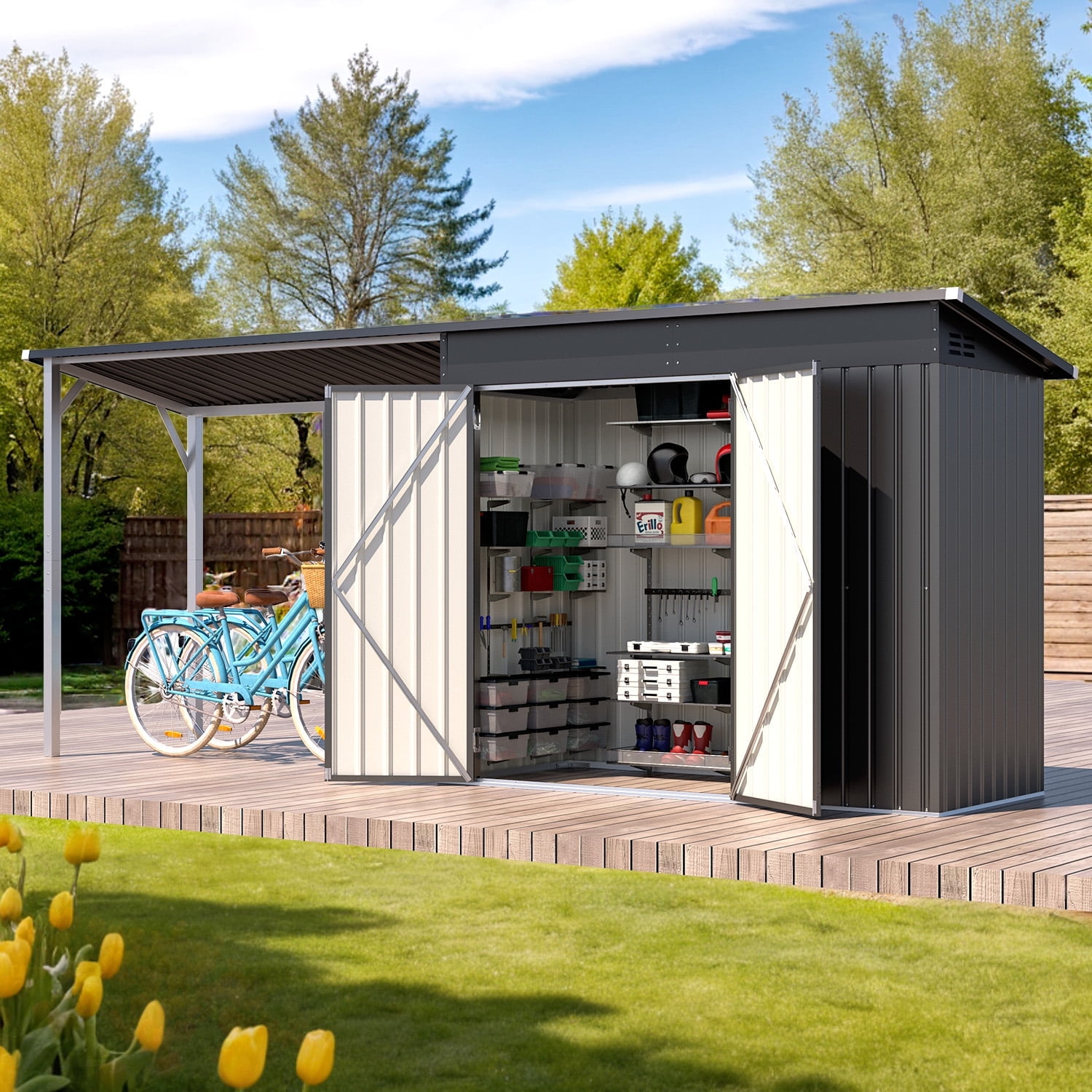 YODOLLA Outdoor Open-Sided Storage Shed with Hardtop Pergola 14x4 ft, 56 Sq. FT Outdoor Tool Shed for Backyard