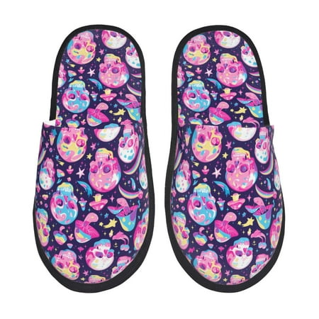 

Rateoe Skull mushroom colorful cute Pattern Fuzzy Slippers Fuzzy Soft House Slippers Plush Furry Warm Cozy Open Toe Fluffy Home Shoes-Large