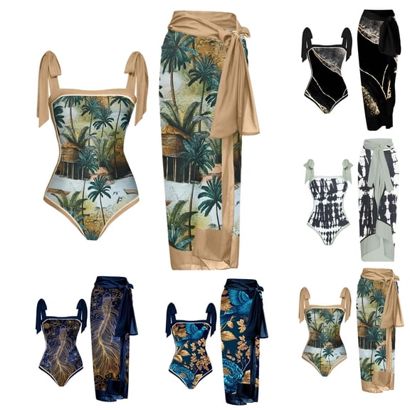 Tqyyweavej 2 Piece Swimsuit for Women Tummy Control Strap Sleeveless Square Neck Swimwear Tops and Print Side Tied Slim Long Skirts