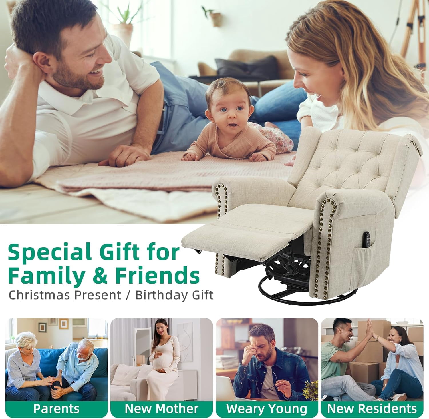 VIVIJASON Power Swivel Rocking Recliner Chair with Massage & Heat, Electric Rocker Glider Chair for Nursery, Wingback Tufted Upholstered Recliner W/Type-C & USB Ports for Living Room, Bedroom, Beige
