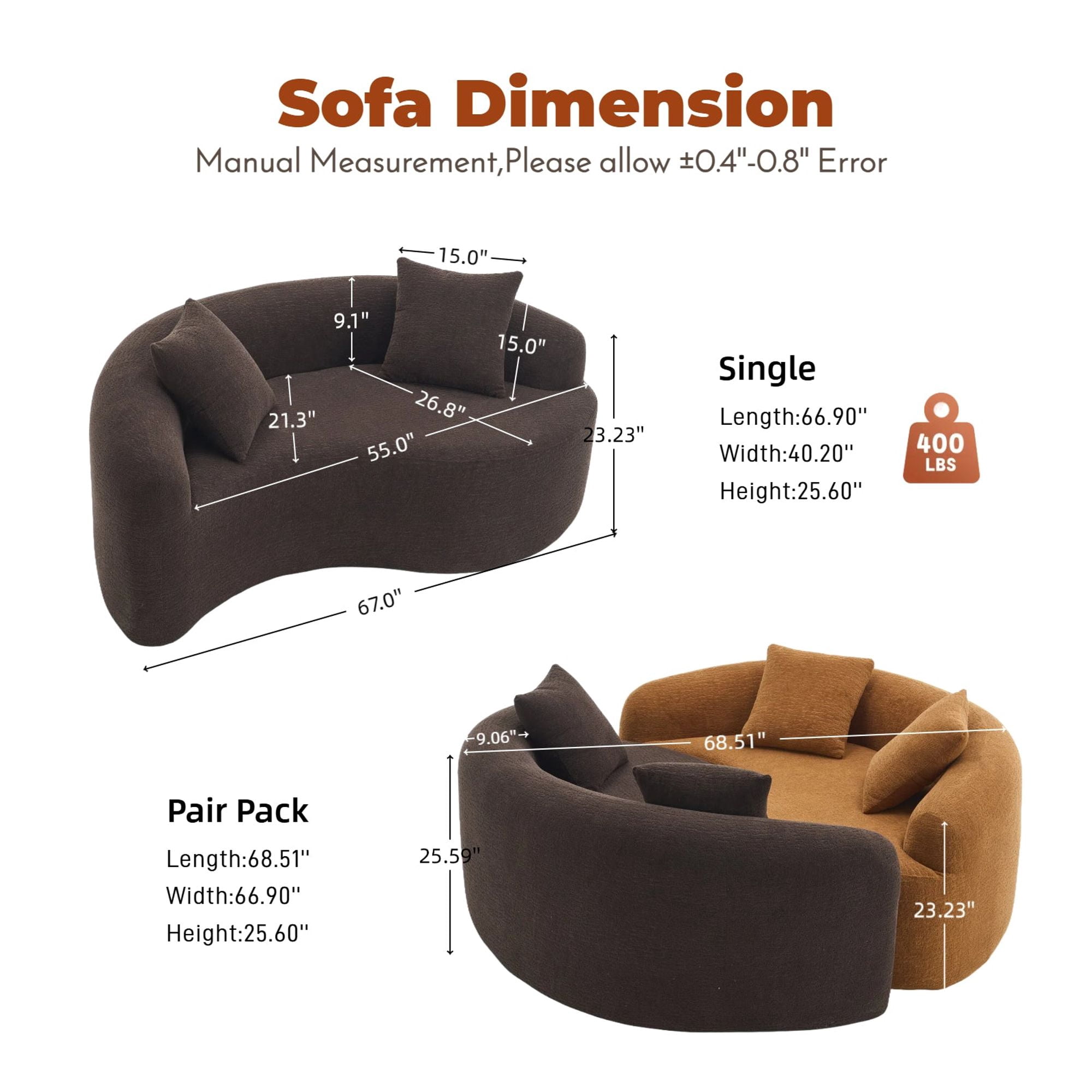 Sailvan S-Curved Chenille Sofa Loveseat, Dual-Depth, No Assembly, Compact for Small Spaces