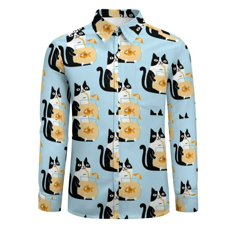 Yellow Cat Print Button Up Shirt Women's Shirt Cat Active Daily