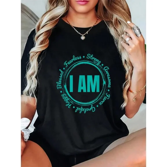 Women's Inspirational Affirmation Graphic T-Shirt - I Am Blessed Fearless Strong Short Sleeve Cotton Blend Tee - Black