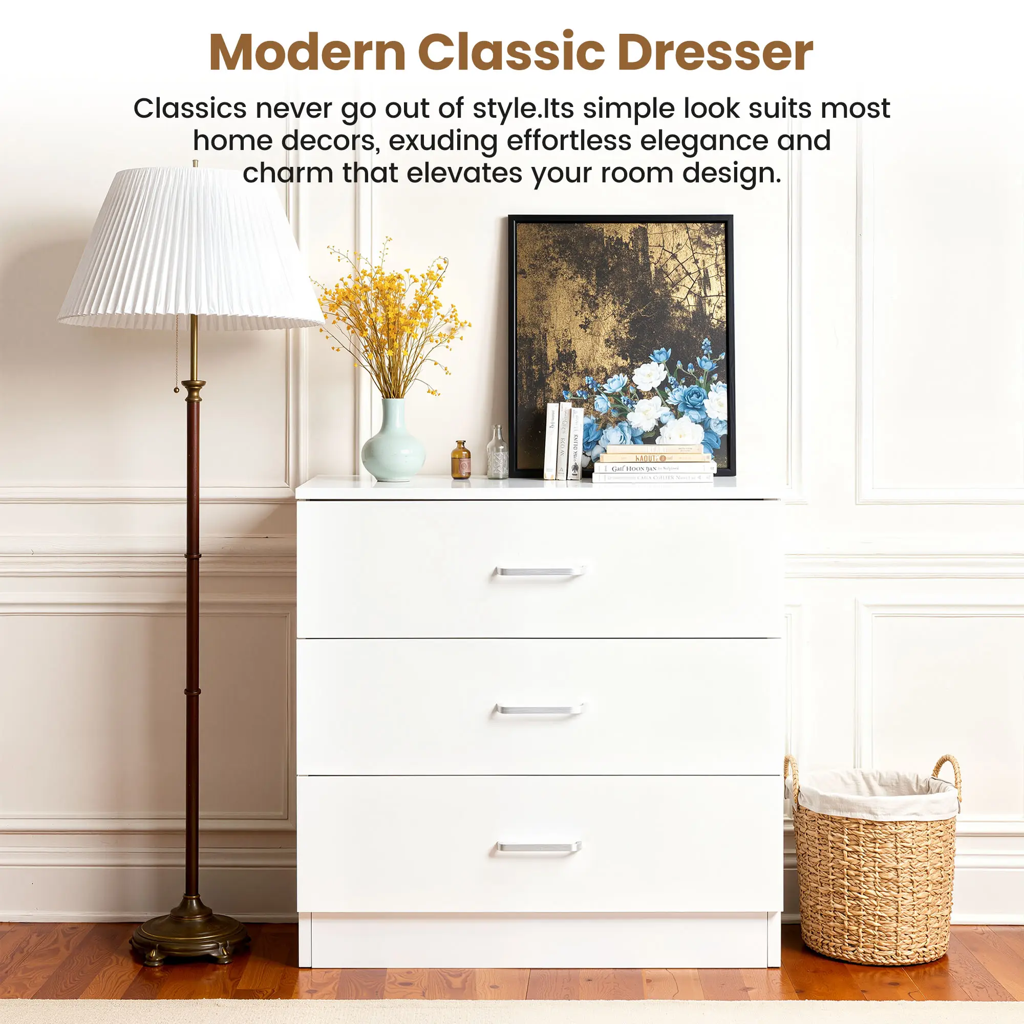 Enyopro Dresser for Bedroom, Wood 3 Drawer Dresser Storage Drawer, White Living Room Hallway Closets Drawer Chest