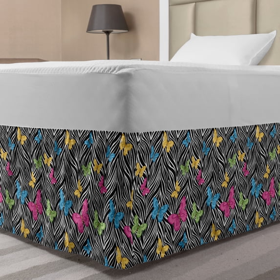 Zebra Print Bed Skirt, Colorful Butterflies on Zebra Abstract Print Summer Jungle Floral Artwork, Elastic Bedskirt Dust Ruffle Wrap Around for Bedding Decor, 4 Sizes, Yellow Blue Pink, by Ambesonne