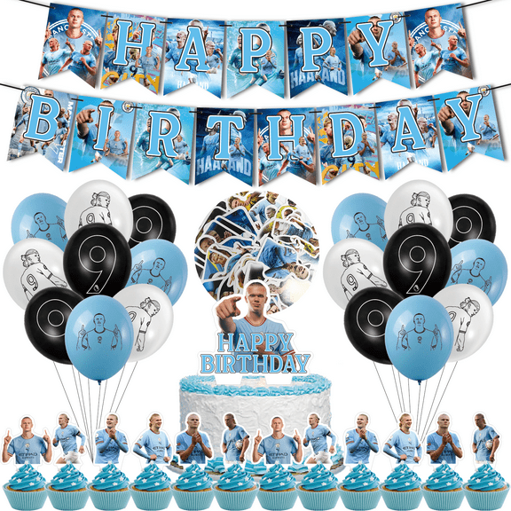 82PCS For Erling Theme Birthday Party Decorations,Party Supply Set for Kids with 1 Happy Birthday Banner Garland,For Haaland 50 Stickers,18 Balloons,13 Cupcake Toppers