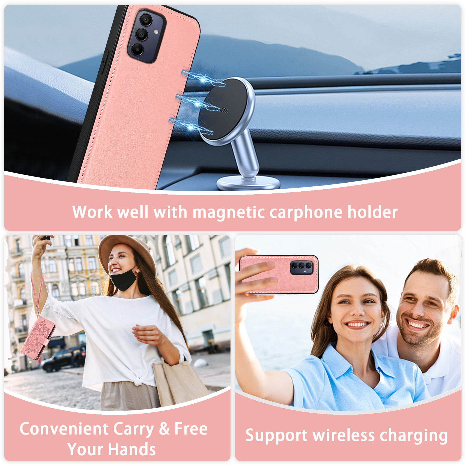 Asuwish Phone Case for Samsung Galaxy A15 5G/4G Zipper Wallet Magnetic Detachable Cell Cover with Tempered Glass Screen Protector Crossbody Strap Flower Card Holder Slot A 15 G5 15A Women Pink