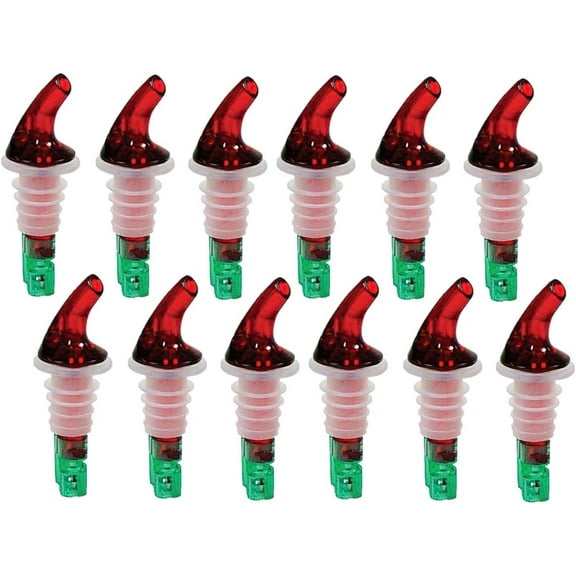 Soro Essentials- Set of 12 Plastic 1.25 oz. Automatic Measured Bottle Pourer with Red Spout No Collar- Quick Shot Measure Pourer for Drinks Wine Cocktail Home Bar Kitchen Tools